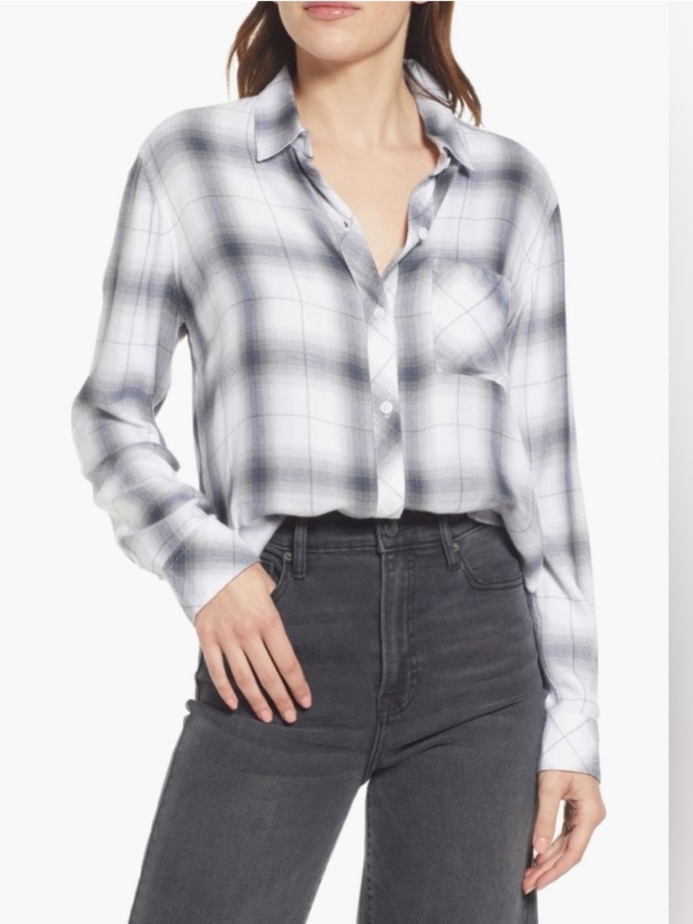 Rails White and Gray Ombre Plaid Button-Down Blouse